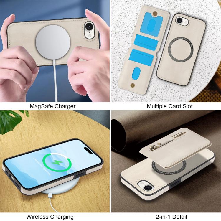 For iPhone 16e Zipper Wallet Split MagSafe Leather Back Phone Case(White)