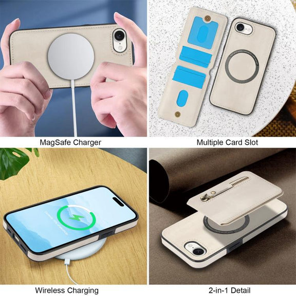 For iPhone 16e Zipper Wallet Split MagSafe Leather Back Phone Case(White)