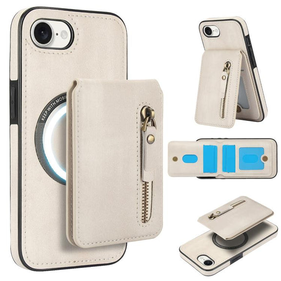 For iPhone 16e Zipper Wallet Split MagSafe Leather Back Phone Case(White)