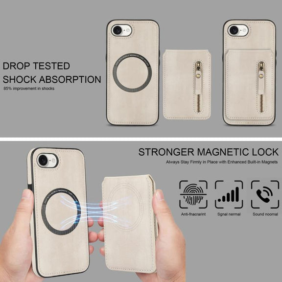 For iPhone 16e Zipper Wallet Split MagSafe Leather Back Phone Case(White)