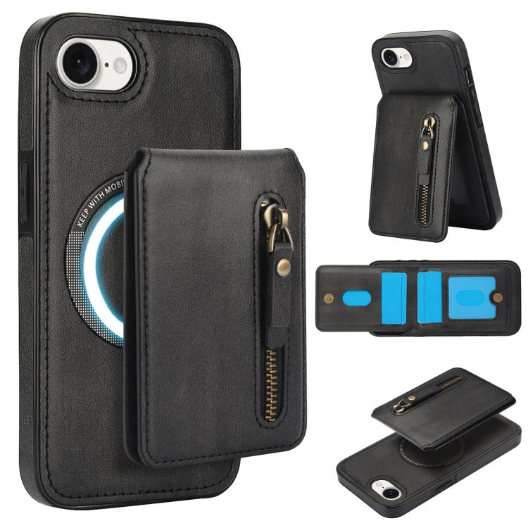 For iPhone 16e Zipper Wallet Split MagSafe Leather Back Phone Case(Black)