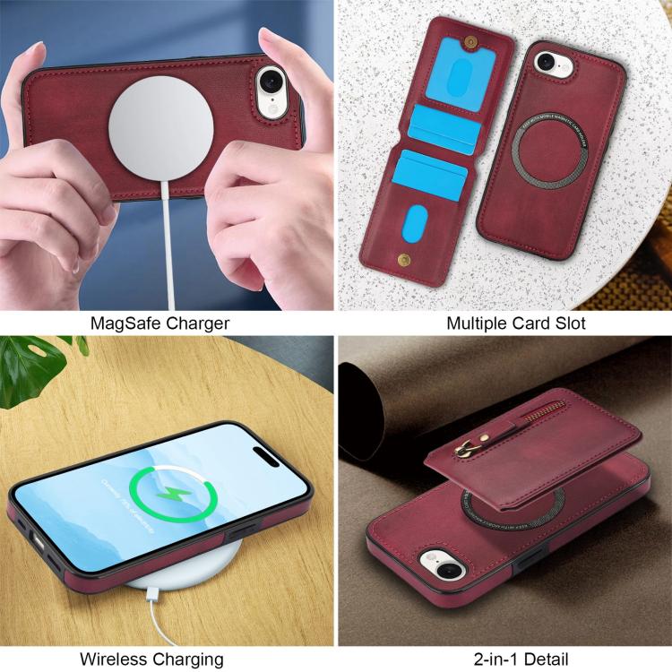 For iPhone 16e Zipper Wallet Split MagSafe Leather Back Phone Case(Red)