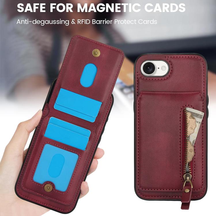 For iPhone 16e Zipper Wallet Split MagSafe Leather Back Phone Case(Red)