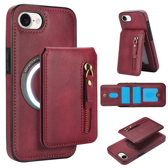 For iPhone 16e Zipper Wallet Split MagSafe Leather Back Phone Case(Red)