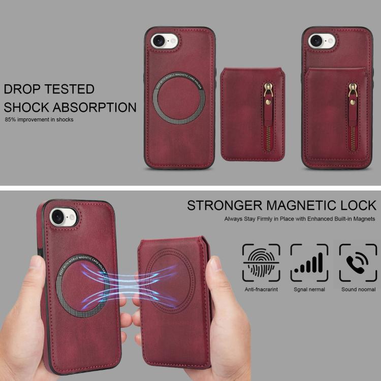 For iPhone 16e Zipper Wallet Split MagSafe Leather Back Phone Case(Red)