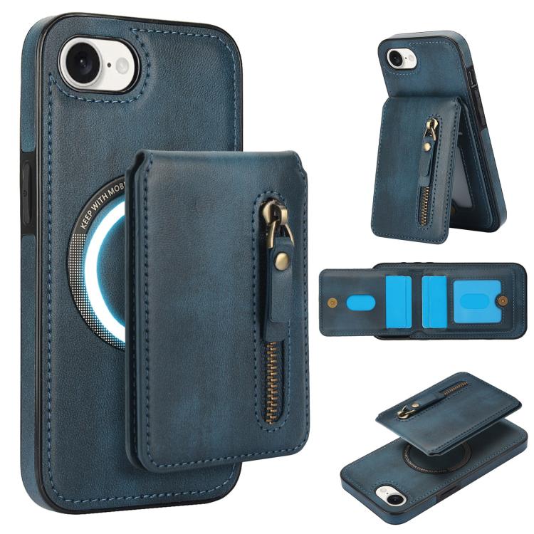 For iPhone 16e Zipper Wallet Split MagSafe Leather Back Phone Case(Blue)
