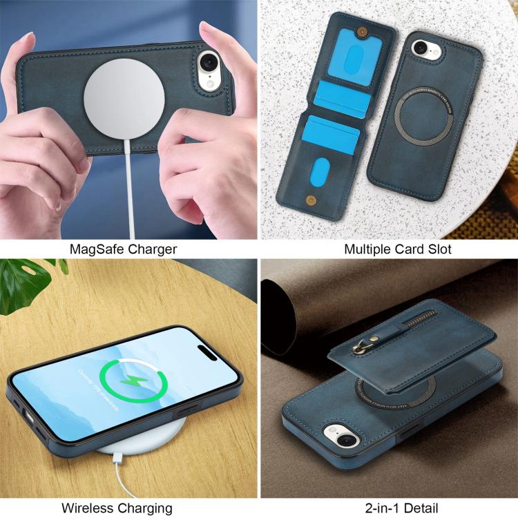 For iPhone 16e Zipper Wallet Split MagSafe Leather Back Phone Case(Blue)