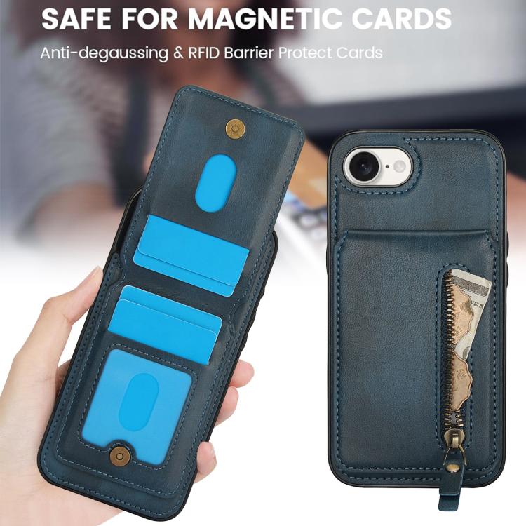 For iPhone 16e Zipper Wallet Split MagSafe Leather Back Phone Case(Blue)