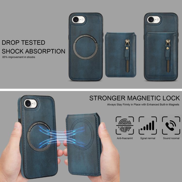 For iPhone 16e Zipper Wallet Split MagSafe Leather Back Phone Case(Blue)