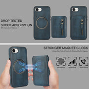For iPhone 16e Zipper Wallet Split MagSafe Leather Back Phone Case(Blue)