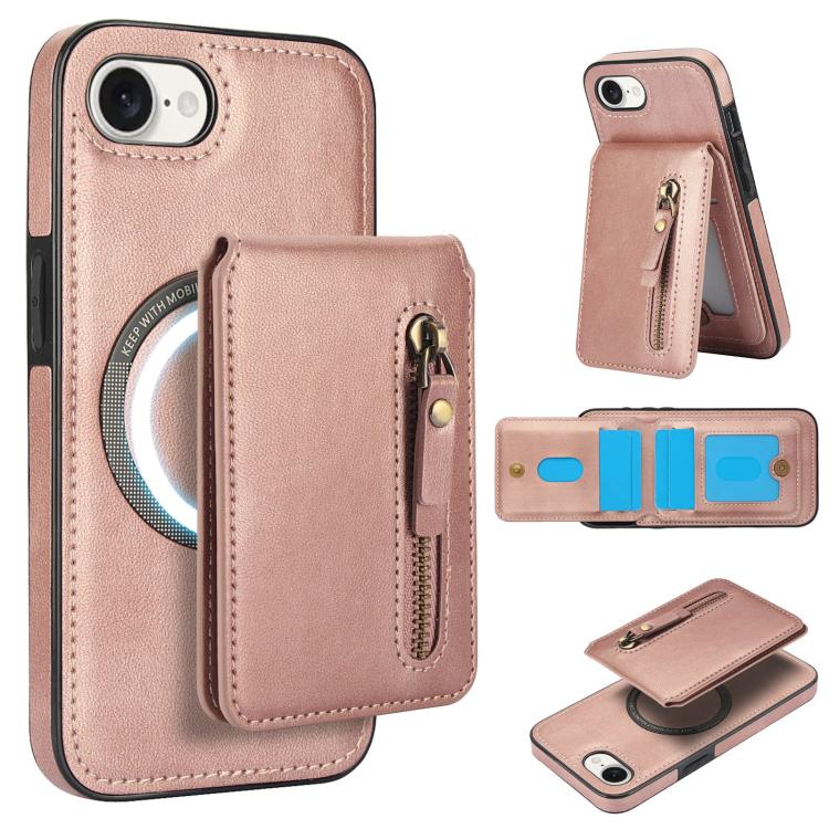 For iPhone 16e Zipper Wallet Split MagSafe Leather Back Phone Case(Rose Gold)