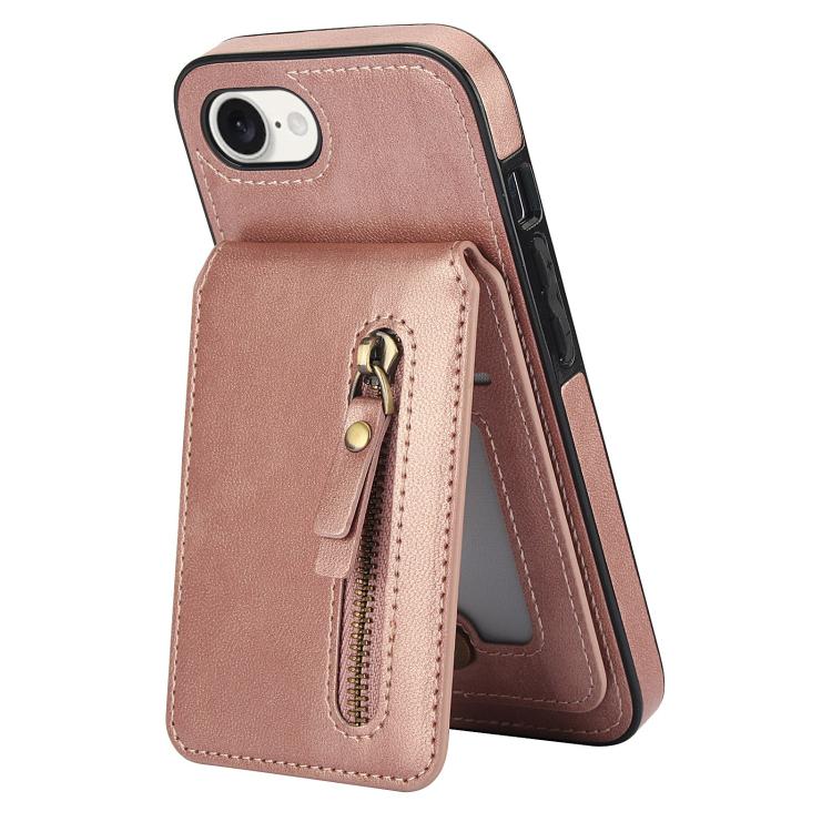 For iPhone 16e Zipper Wallet Split MagSafe Leather Back Phone Case(Rose Gold)