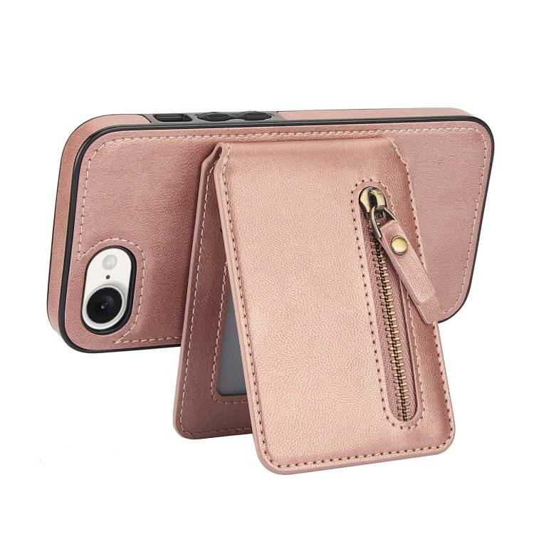 For iPhone 16e Zipper Wallet Split MagSafe Leather Back Phone Case(Rose Gold)