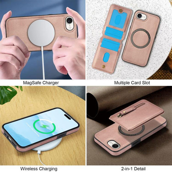 For iPhone 16e Zipper Wallet Split MagSafe Leather Back Phone Case(Rose Gold)