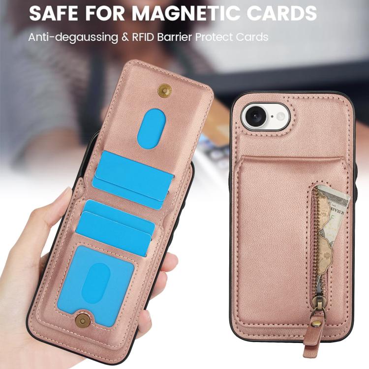 For iPhone 16e Zipper Wallet Split MagSafe Leather Back Phone Case(Rose Gold)