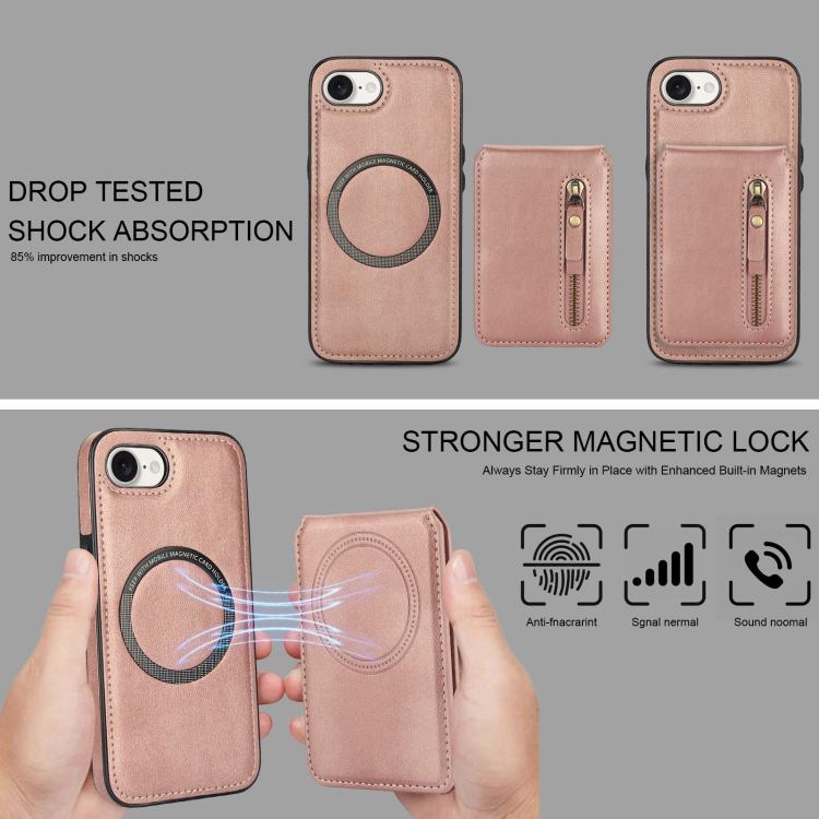 For iPhone 16e Zipper Wallet Split MagSafe Leather Back Phone Case(Rose Gold)