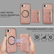 For iPhone 16e Zipper Wallet Split MagSafe Leather Back Phone Case(Rose Gold)
