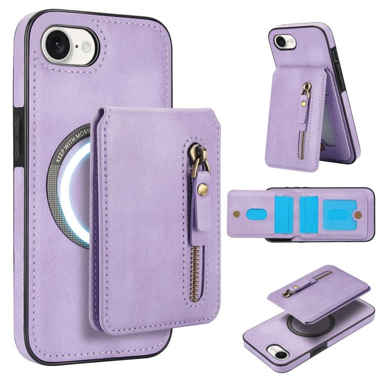 For iPhone 16e Zipper Wallet Split MagSafe Leather Back Phone Case(Purple)