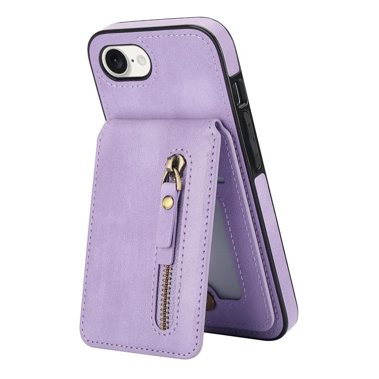 For iPhone 16e Zipper Wallet Split MagSafe Leather Back Phone Case(Purple)