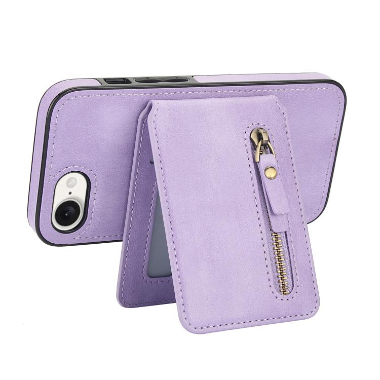 For iPhone 16e Zipper Wallet Split MagSafe Leather Back Phone Case(Purple)