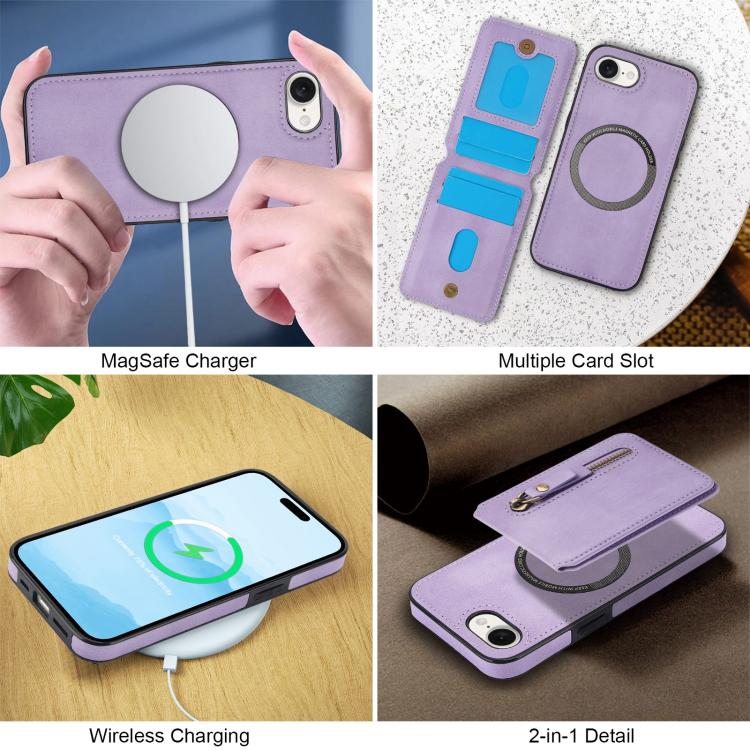 For iPhone 16e Zipper Wallet Split MagSafe Leather Back Phone Case(Purple)