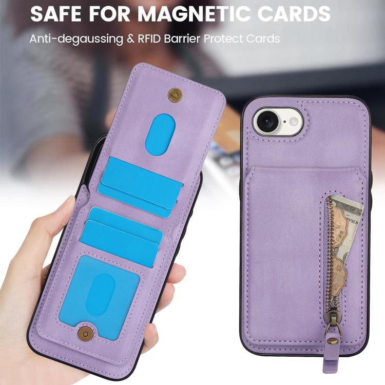 For iPhone 16e Zipper Wallet Split MagSafe Leather Back Phone Case(Purple)