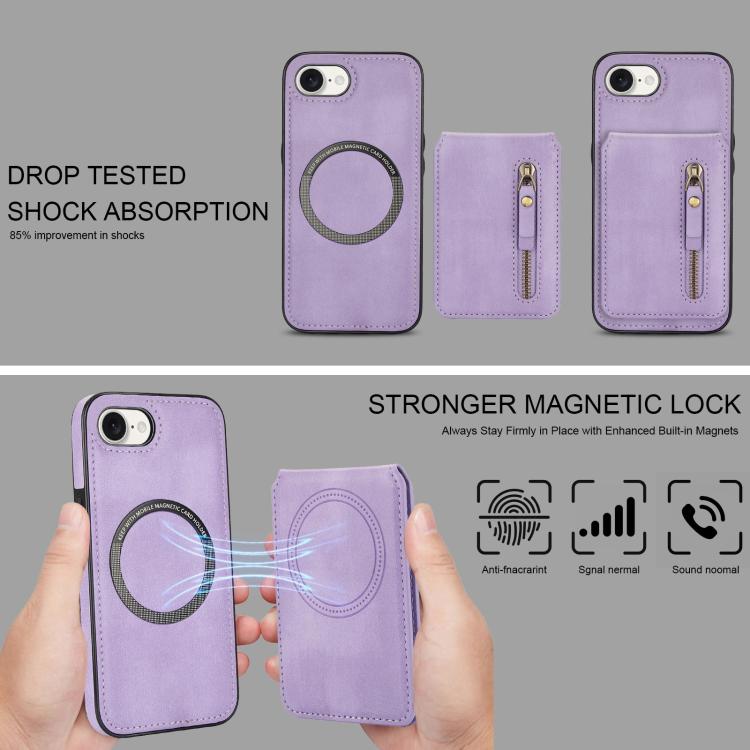 For iPhone 16e Zipper Wallet Split MagSafe Leather Back Phone Case(Purple)