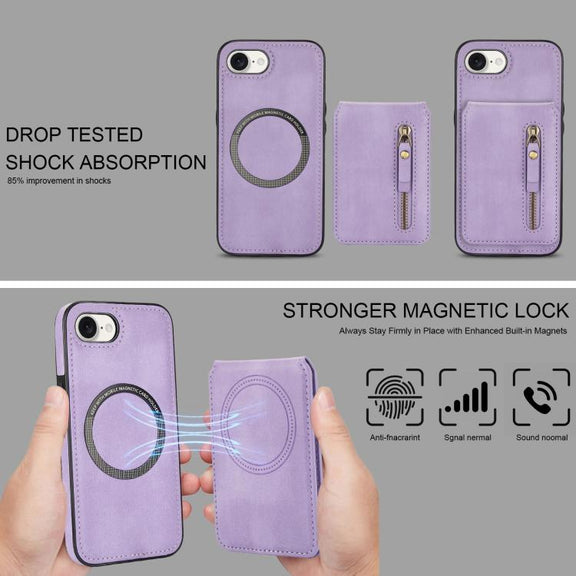For iPhone 16e Zipper Wallet Split MagSafe Leather Back Phone Case(Purple)