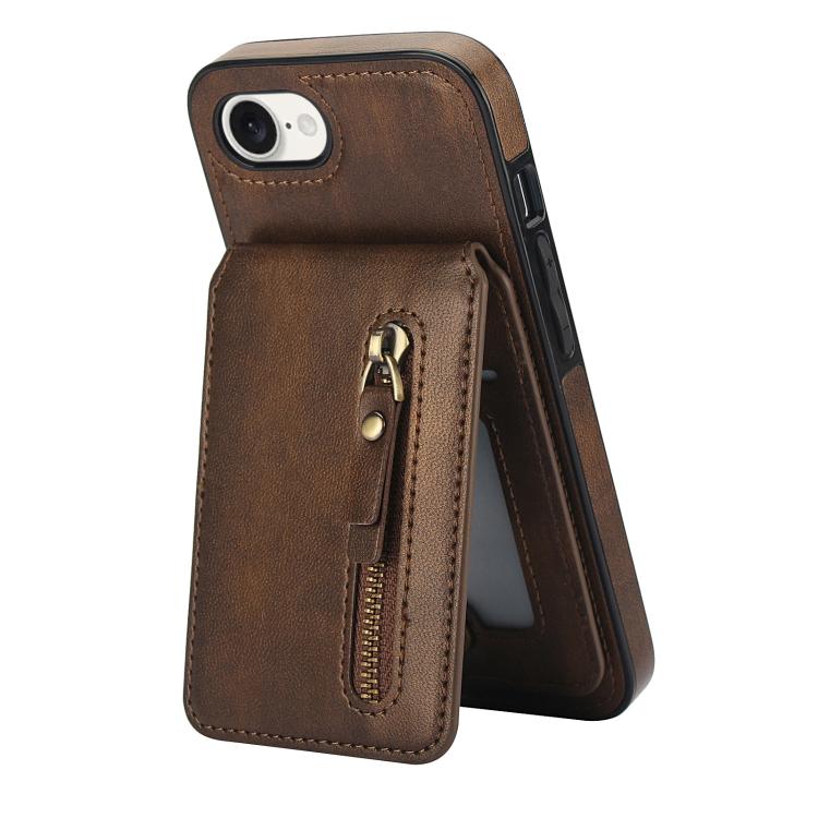 For iPhone 16e Zipper Wallet Split MagSafe Leather Back Phone Case(Brown)