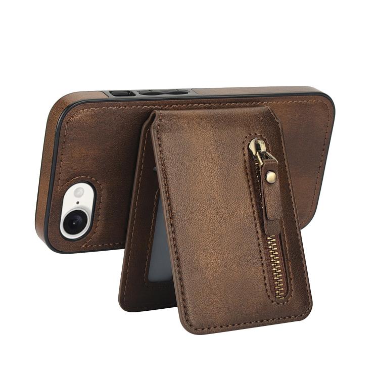 For iPhone 16e Zipper Wallet Split MagSafe Leather Back Phone Case(Brown)