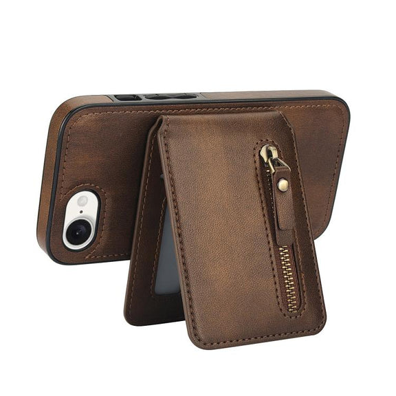 For iPhone 16e Zipper Wallet Split MagSafe Leather Back Phone Case(Brown)