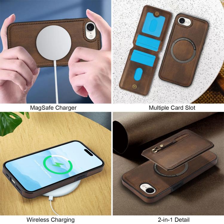 For iPhone 16e Zipper Wallet Split MagSafe Leather Back Phone Case(Brown)