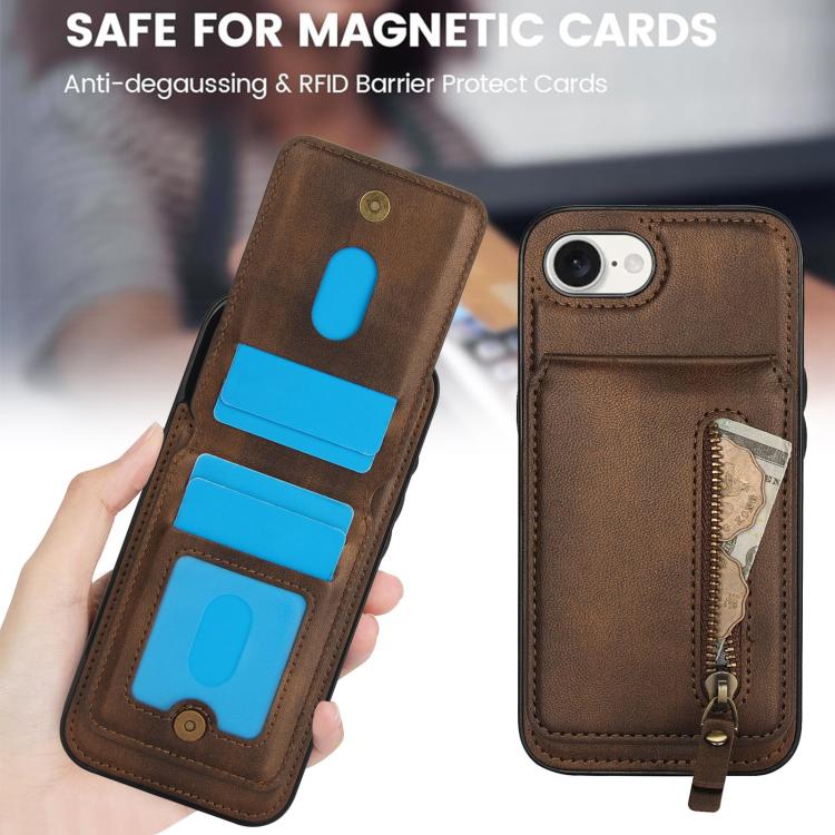 For iPhone 16e Zipper Wallet Split MagSafe Leather Back Phone Case(Brown)
