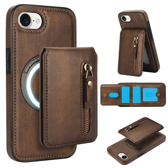 For iPhone 16e Zipper Wallet Split MagSafe Leather Back Phone Case(Brown)