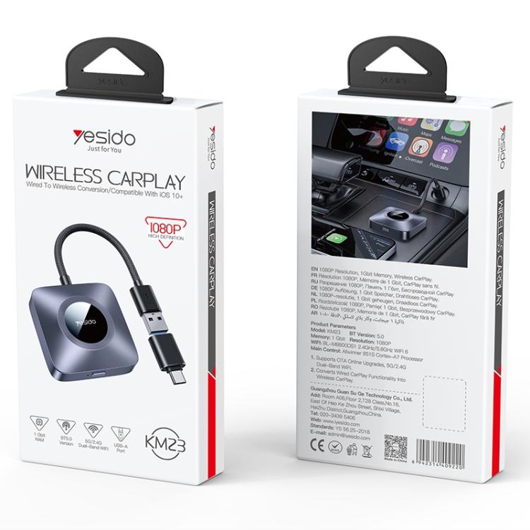 Yesido KM23 Wireless CarPlay with USB to Type-C Adapter(Grey)