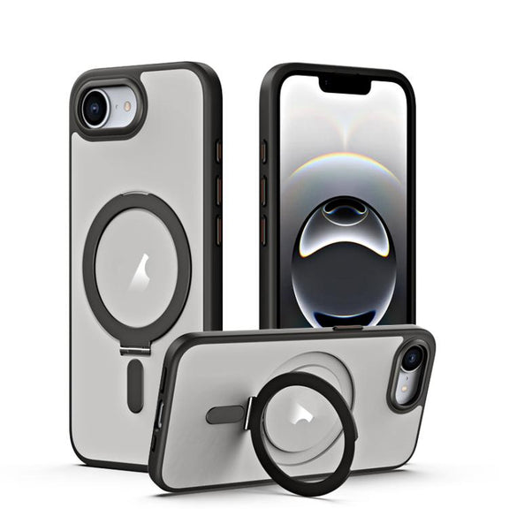 For iPhone 16e Airbag MagSafe Shockproof Frosted Phone Case with Fold Holder(Black)