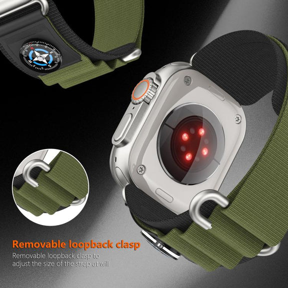 For Apple Watch 46mm / 49mm / 45mm / 44mm Kalebol Compass Nylon Loop Watch Strap(Black Army Green)