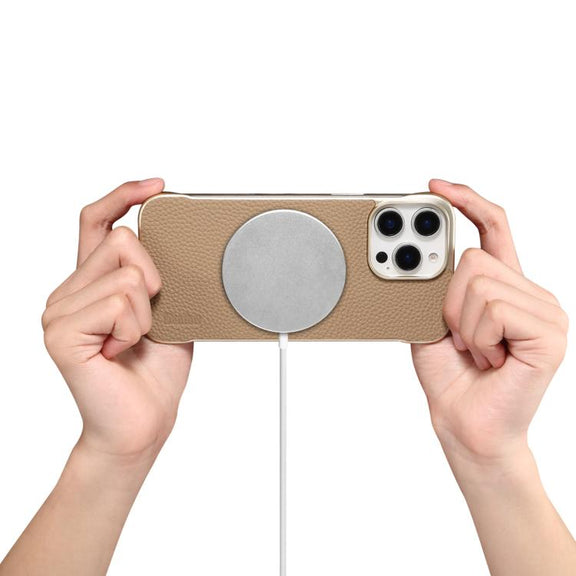 For iPhone 14 Pro Denior A20 Genuine Leather Litchi Texture MagSafe Frameless Phone Case(Khaki)