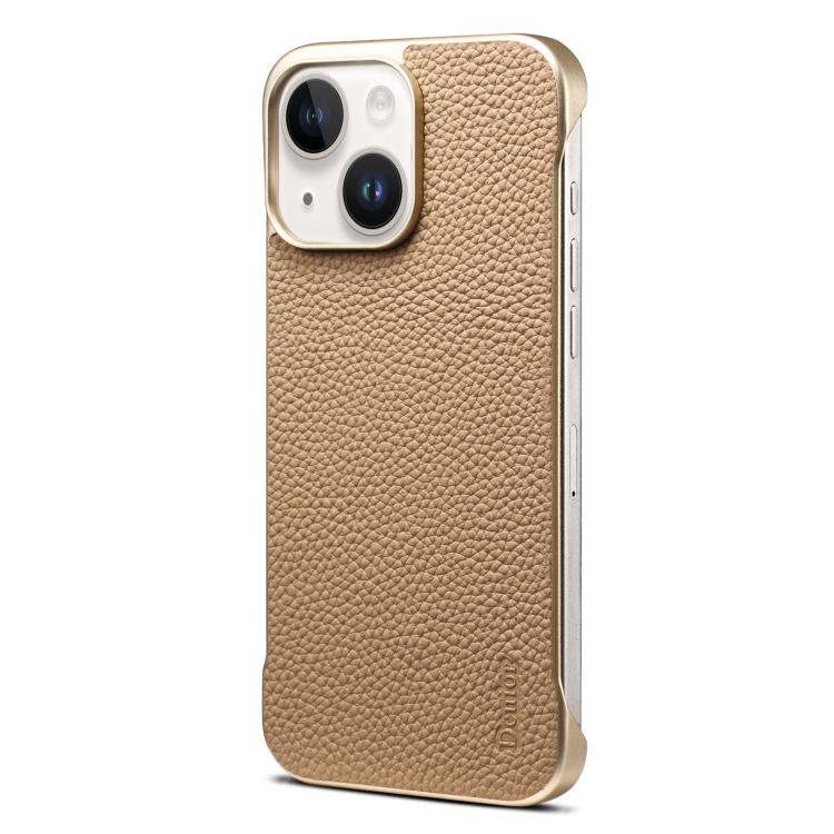 For iPhone 15 Plus / 14 Plus Denior A20 Genuine Leather Litchi Texture MagSafe Frameless Phone Case(Khaki)