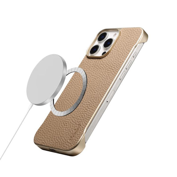 For iPhone 15 Plus / 14 Plus Denior A20 Genuine Leather Litchi Texture MagSafe Frameless Phone Case(Khaki)