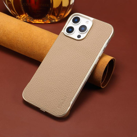 For iPhone 15 Pro Max Denior A20 Genuine Leather Litchi Texture MagSafe Frameless Phone Case(Khaki)