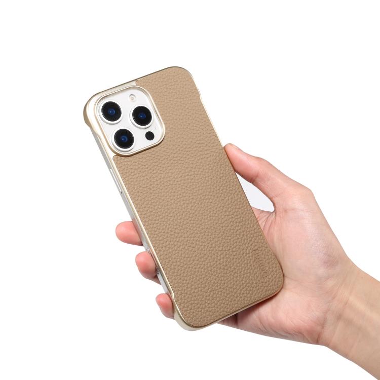 For iPhone 15 Pro Max Denior A20 Genuine Leather Litchi Texture MagSafe Frameless Phone Case(Khaki)