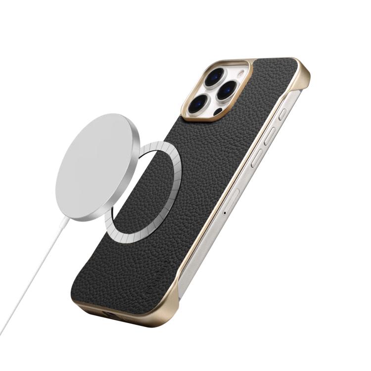 For iPhone 16 Pro Denior A20 Genuine Leather Litchi Texture MagSafe Frameless Phone Case(Black)