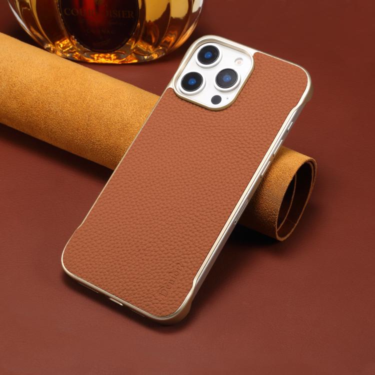 For iPhone 16 Pro Denior A20 Genuine Leather Litchi Texture MagSafe Frameless Phone Case(Brown)