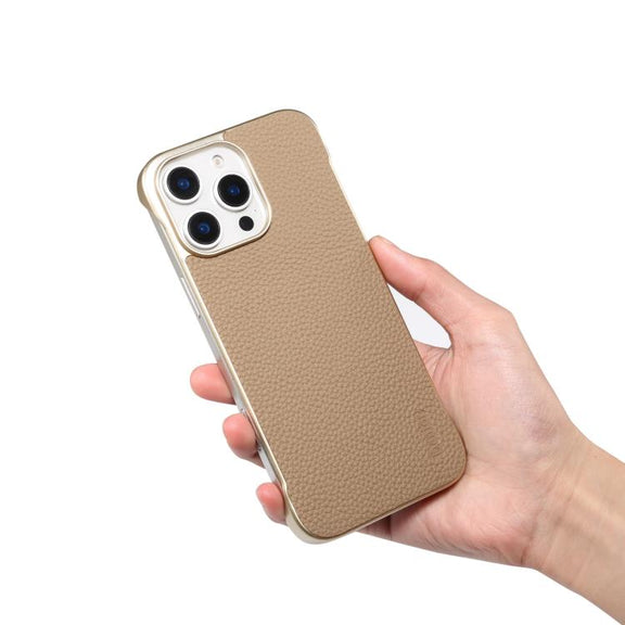 For iPhone 16 Pro Denior A20 Genuine Leather Litchi Texture MagSafe Frameless Phone Case(Khaki)