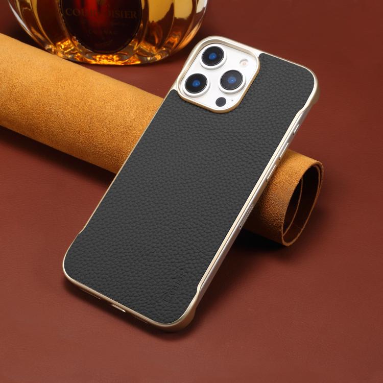 For iPhone 16 Pro Max Denior A20 Genuine Leather Litchi Texture MagSafe Frameless Phone Case(Black)