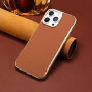 For iPhone 16 Pro Max Denior A20 Genuine Leather Litchi Texture MagSafe Frameless Phone Case(Brown)