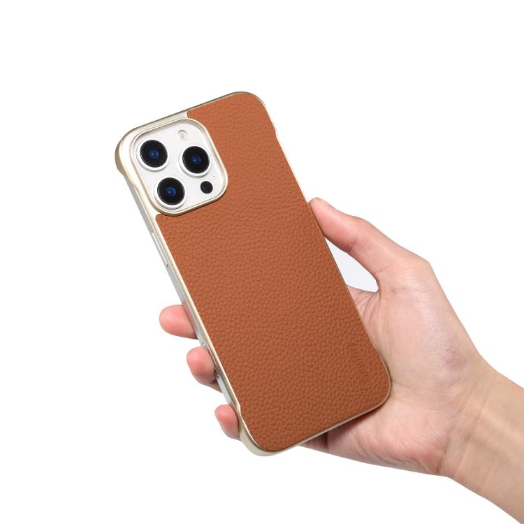 For iPhone 16 Pro Max Denior A20 Genuine Leather Litchi Texture MagSafe Frameless Phone Case(Brown)