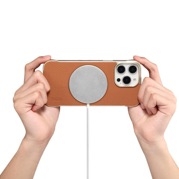 For iPhone 16 Pro Max Denior A20 Genuine Leather Litchi Texture MagSafe Frameless Phone Case(Brown)
