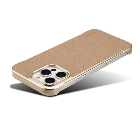 For iPhone 16 Pro Max Denior A20 Genuine Leather Litchi Texture MagSafe Frameless Phone Case(Khaki)